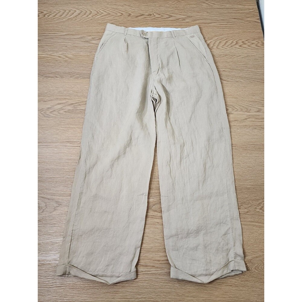 Steve Harvey Celebrity Edition Pants Mens 36 Chino Tan Linen Pleated Cuffed Hem